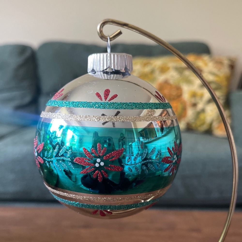 Radko Shiny Brite Glitter Striped Ornament poinsettia Ball Pink Teal blue red XL